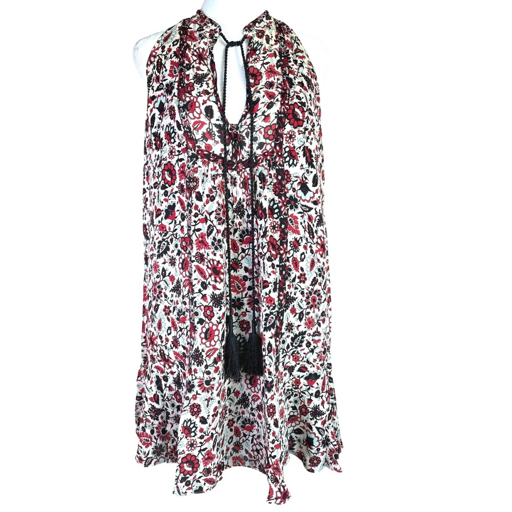 A.L.C. Mini Dress Size 4 Halter 100% Silk Lined Floral Print Creme Red and Black